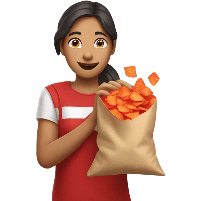 A girl reaching her right hand into a bag of red crisps emoji