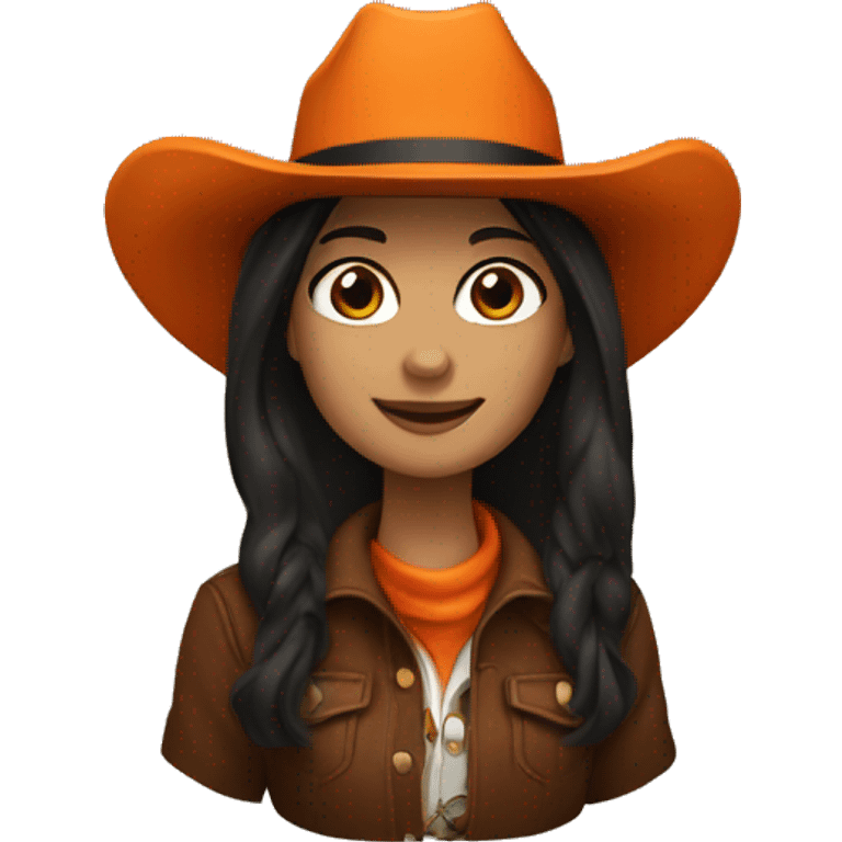 cowgirl straight dark brown hair, orange burnt coat, black hat emoji