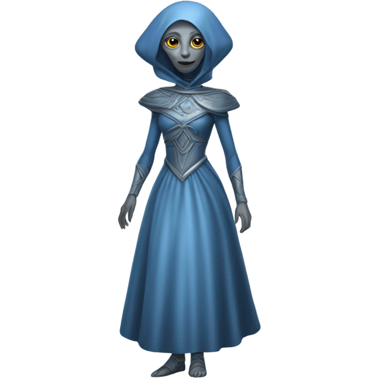 a gray alien woman, full body, in blue Romanov dress emoji