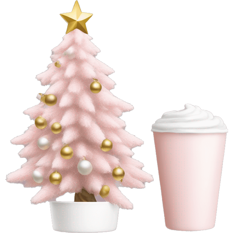 baby pink christmas tree with white star and white and gold ornaments with white pot to hold up christmas tree  emoji