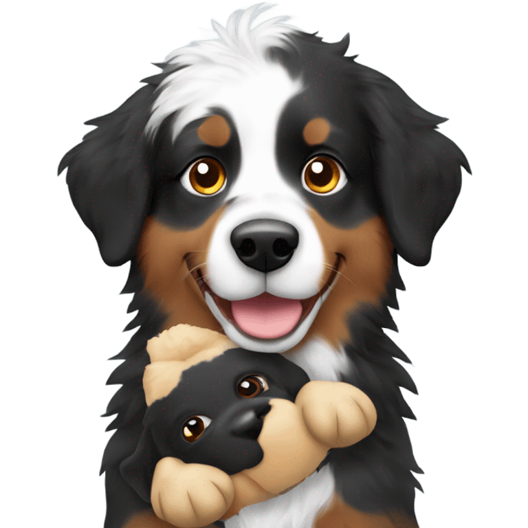 Australian shepherd in black tri coloring holding a stuffed animal emoji