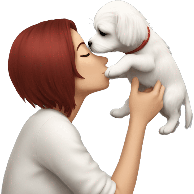 Dark-red-haired girl kiss her Maltese-Black-dog emoji