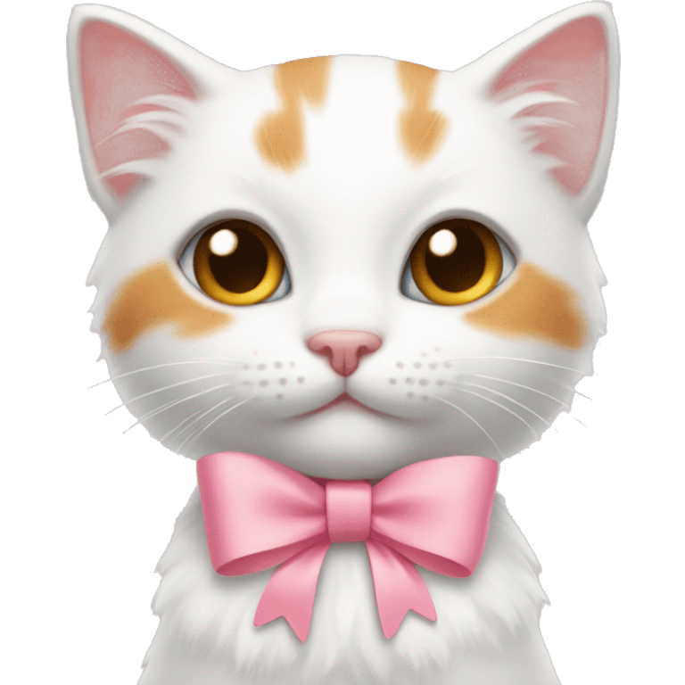 White and orange kitten wearing a pink bow emoji