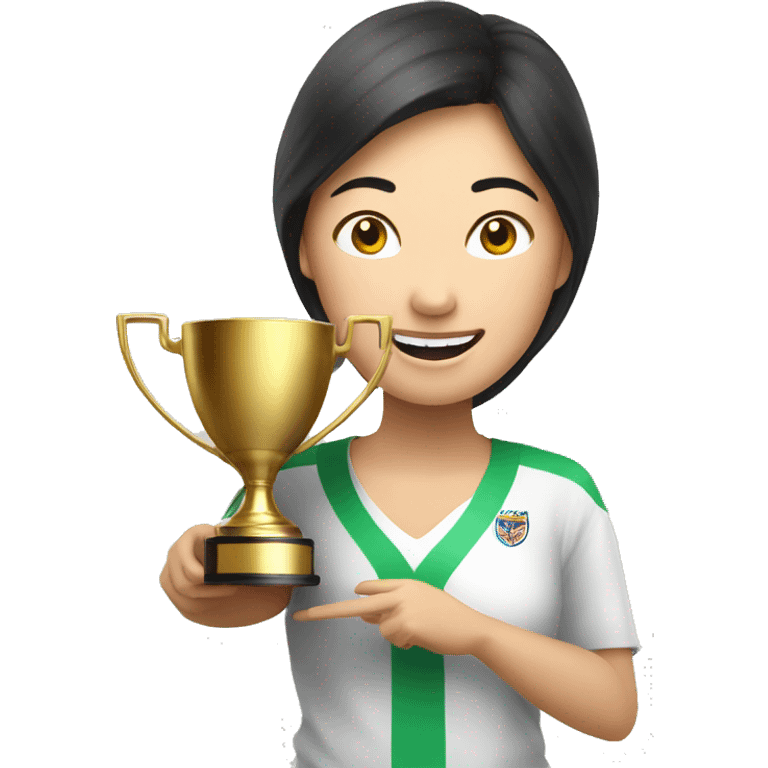 asian happy woman with champion cup emoji