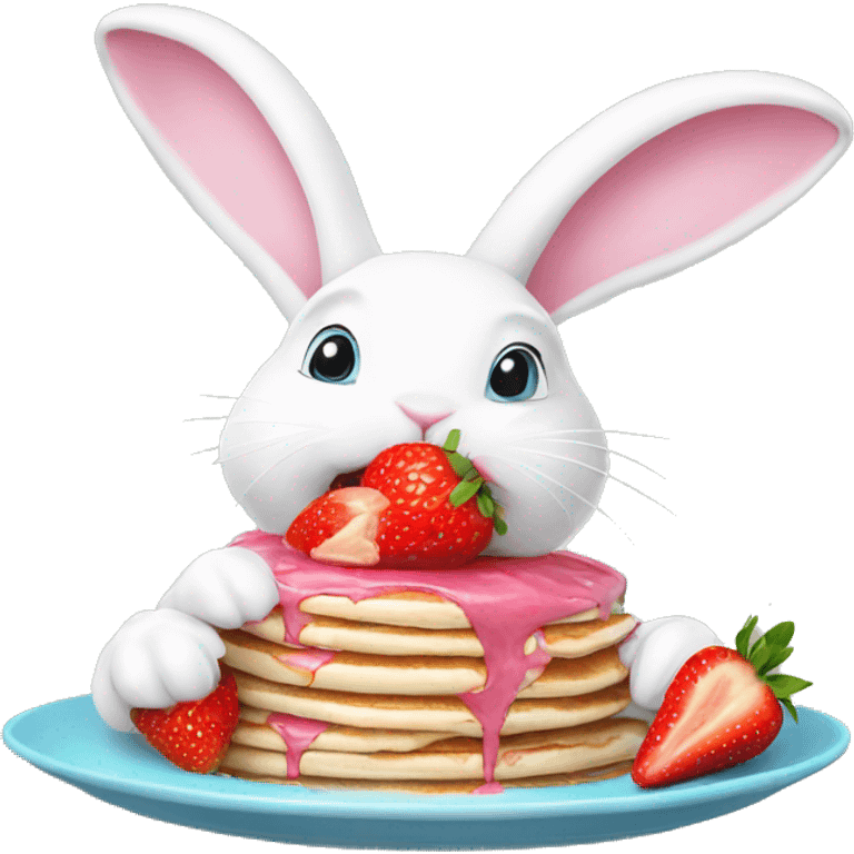 white bunny wearing pink pastel hat eating strawberry pancake emoji