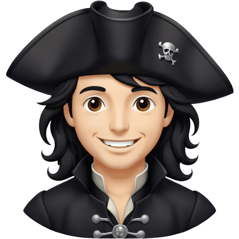 A charismatic pirate with wavy black hair, wearing a black tricorn hat and a sleek black coat with silver buttons, smiling confidently. emoji