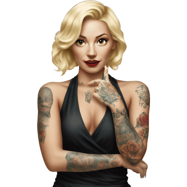 Blonde elegant women, her Body Covered with Tattoos, POINTING YOU with her HAND , Hyper realistic emoji