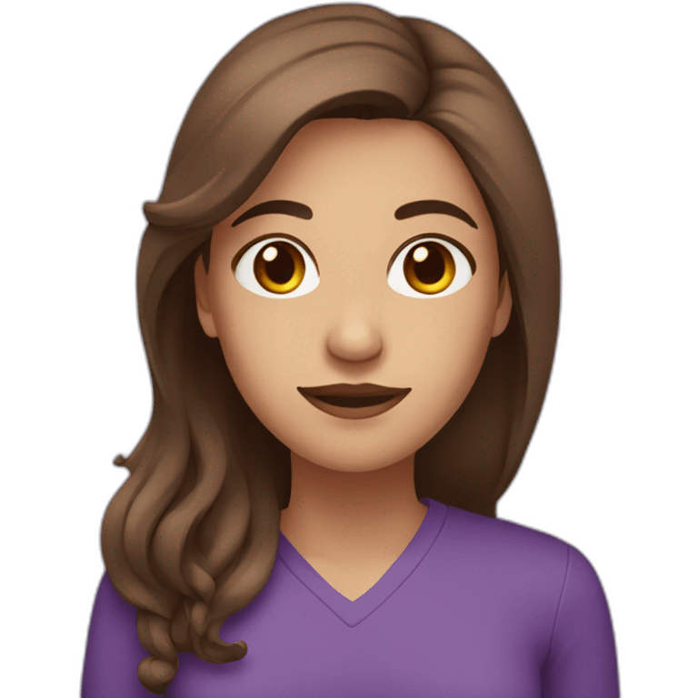 Woman with long brown hair and brown eyes with a purple shirt emoji