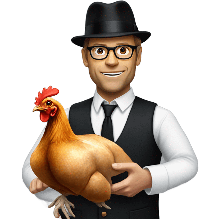 Alton brown wearing black bowler hat with a roasted chicken emoji