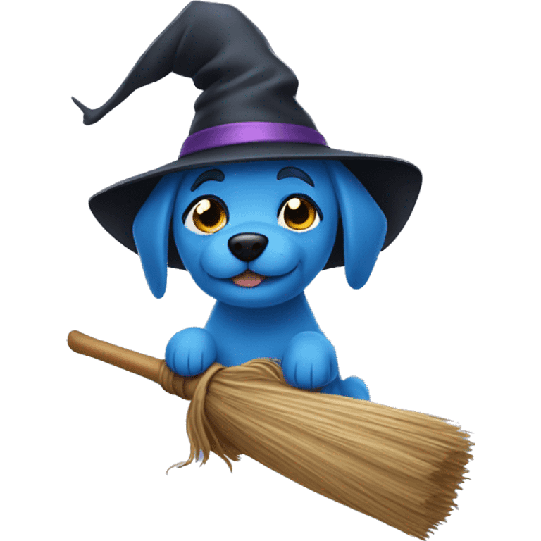 Blue Dog riding a broom with a witch hat emoji