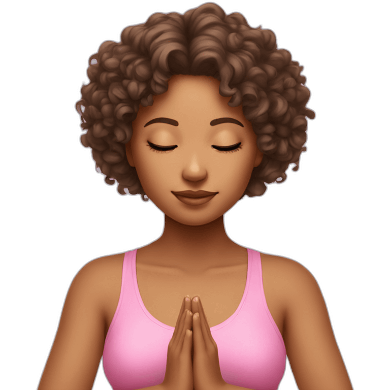 curly hair girl doing meditation wearing pink emoji