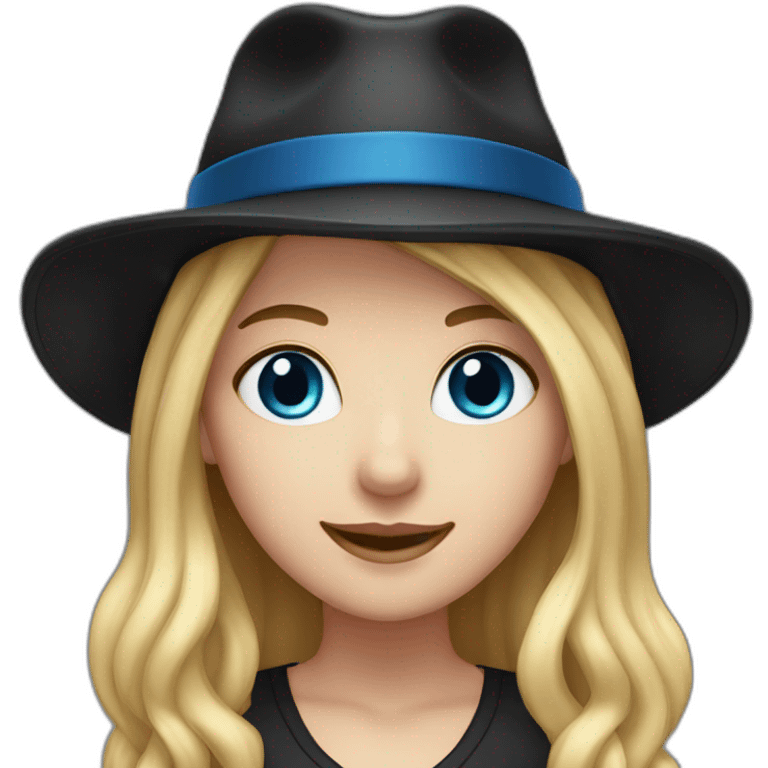 White Girl with long blond hair and with blue eyes and a black hat smiling emoji