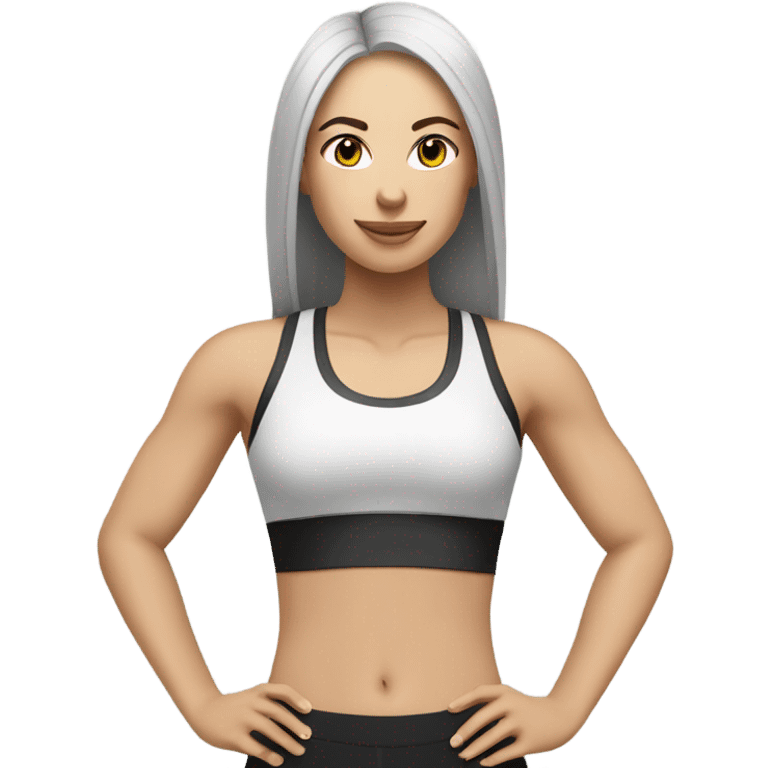 a white color skinned woman with black long straight hair wearing a workout set  emoji