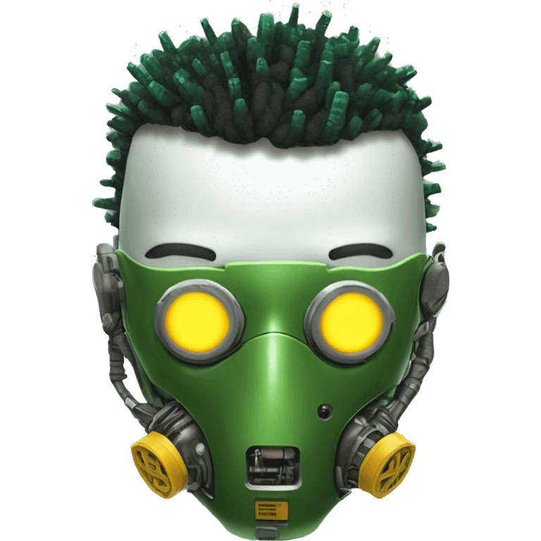 Green skin cyborg head with dark yellow Mohawk, white respirator mask and circuitry emoji