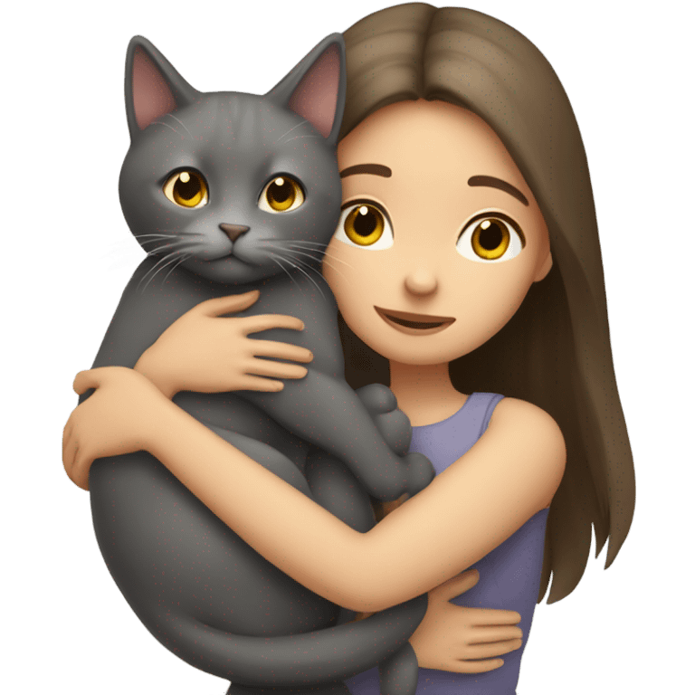 Girl with long brown hair hug grey cat emoji