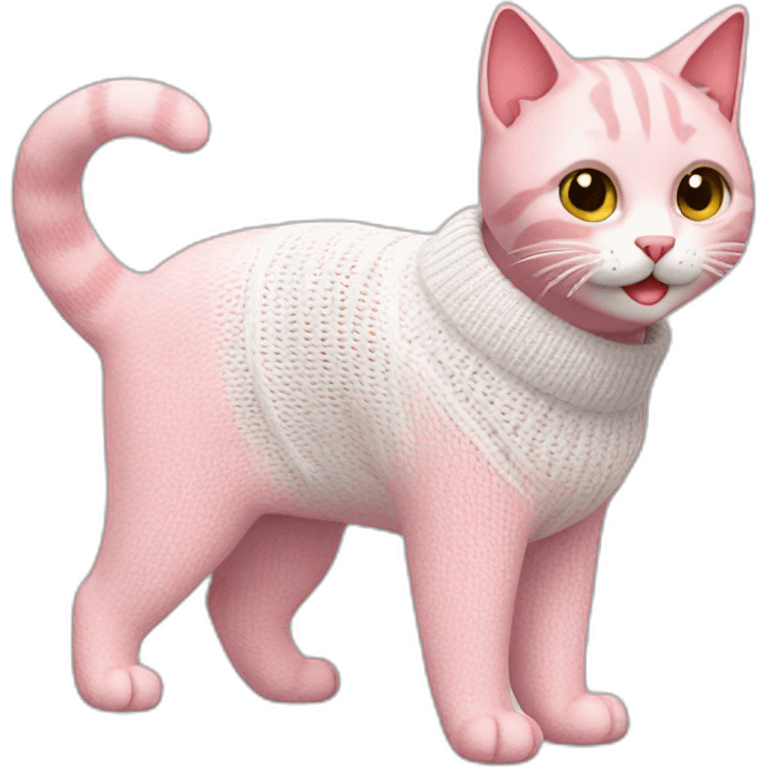 Smiling pink cat wearing white knitted sweater emoji