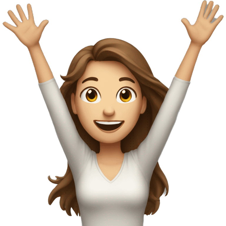 excited woman with long brown hair with arms raised above head emoji