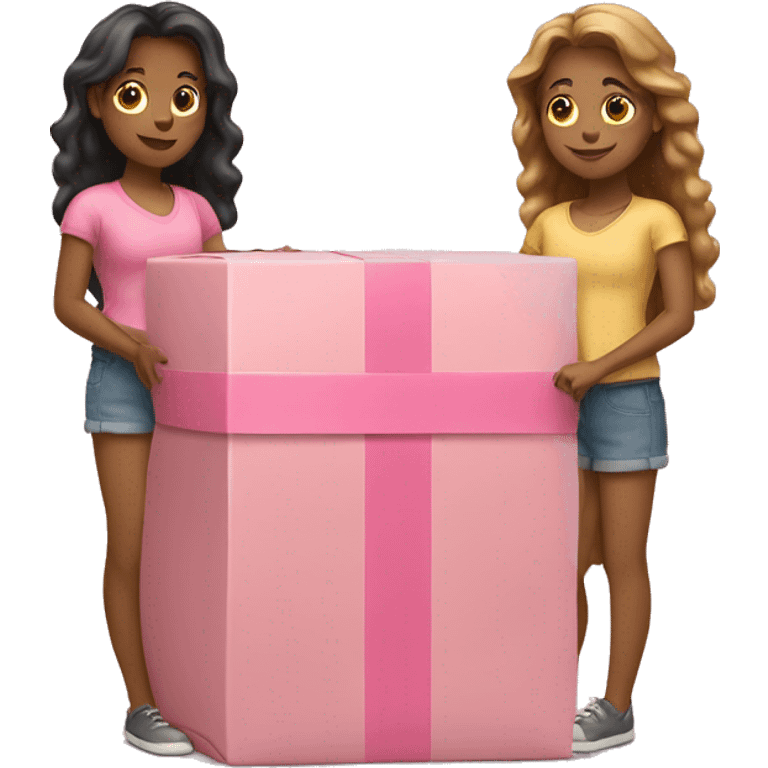 Two tan girls holding a pink long wide box  emoji