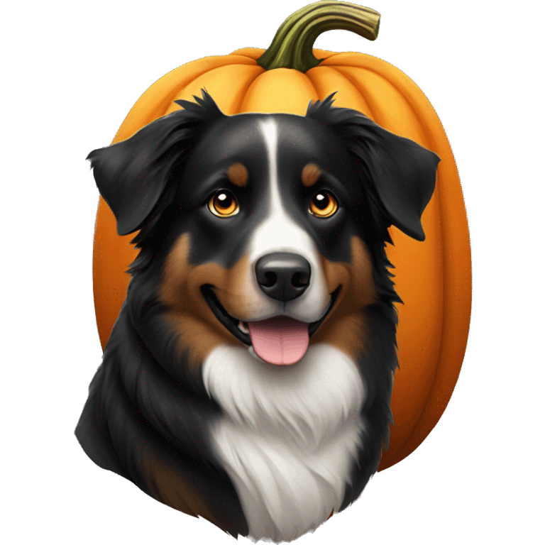 black australian shepherd dog in a pumpkin emoji