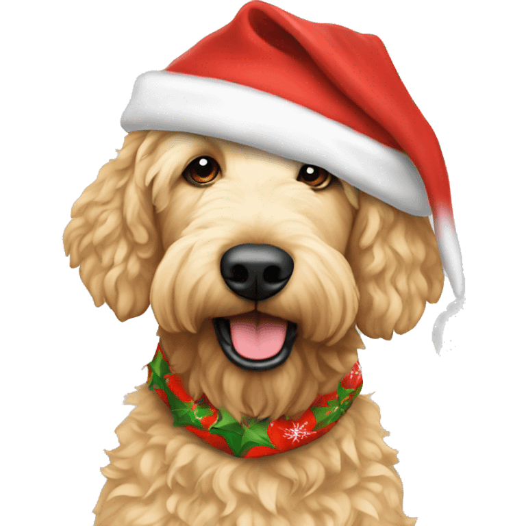 Golden Labrodoodle with a christmas themed bandana and a santa hat on emoji