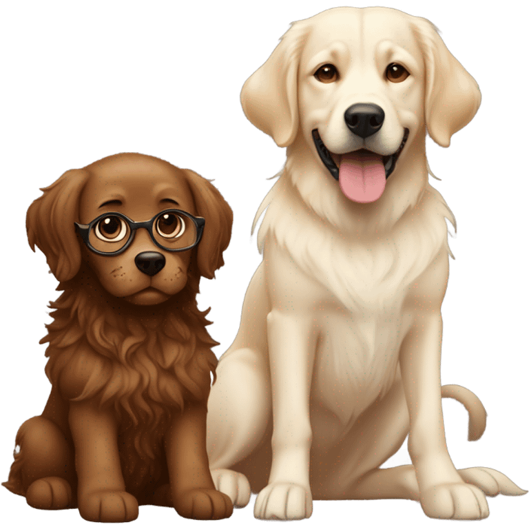 Smiling girl with long dark wavy brown hair and red glasses next to a small shaggy golden Labrador dog with brown eyes emoji