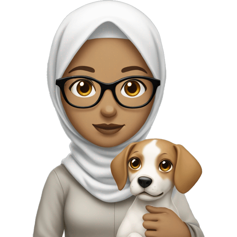 White hijab girl with white skin color, and with glasses on holding a dog emoji