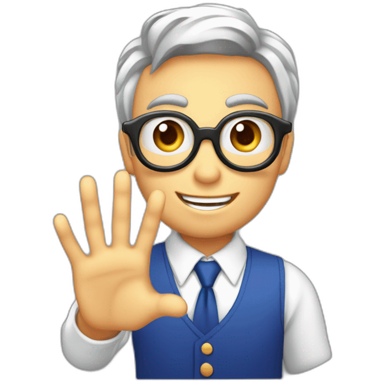 hex color of eyes #f0c13d, hex color of face #ddb57c, face without eyeglasses, young blogger says hi raising his hand, camera in one hand emoji