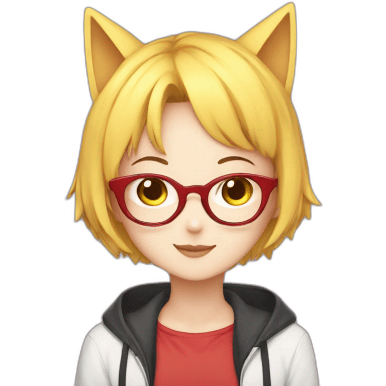 anime girl with short yellow hair, red glasses, cat ear, idol costume emoji