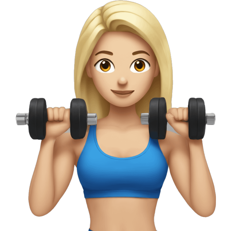 blonde woman working out with a black tank top and a blue shorts and she is holding a dumbell emoji