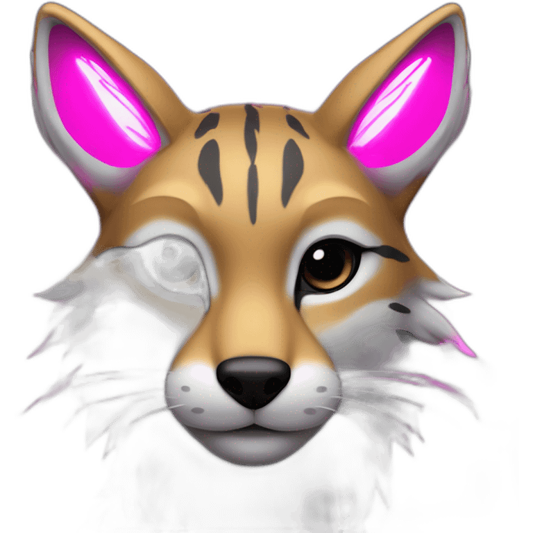 Coyote ocelot with grey and black fur and phoenix wings and pink ears, neon lights emoji