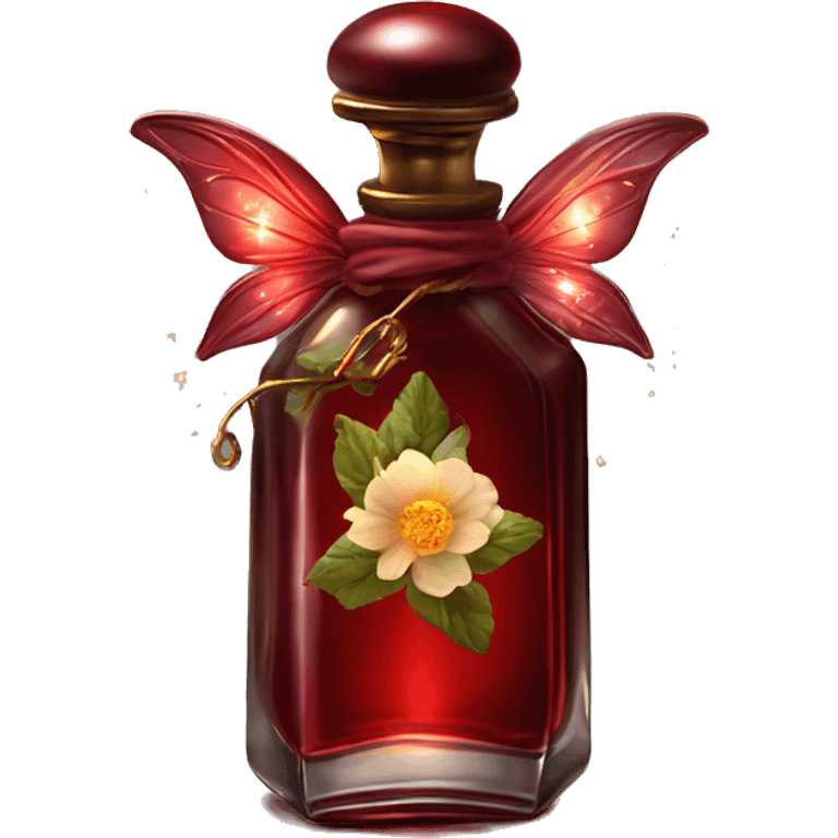 Dark red magic fairy light sparkling old Antique oil perfume bottle with herbal and flowers emoji