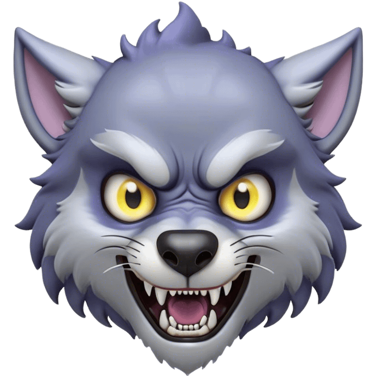 Cinematic Comical Werewolf Portrait Emoji, with a whimsically exaggerated lupine face in vivid moonlit grays and silvers, head cocked in a dramatically shocked expression with comically oversized, wide eyes and a playful snarl, simplified yet hilariously expressive, highly detailed with a soft cartoonish glowing outline capturing the mischievous humor of a werewolf mid-transformation! emoji