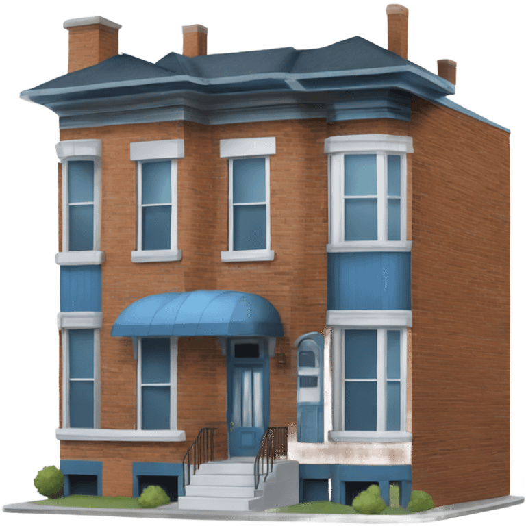 Two story brick row-house with blue tin-clad bay window protruding from the front left and no porch, no front steps emoji