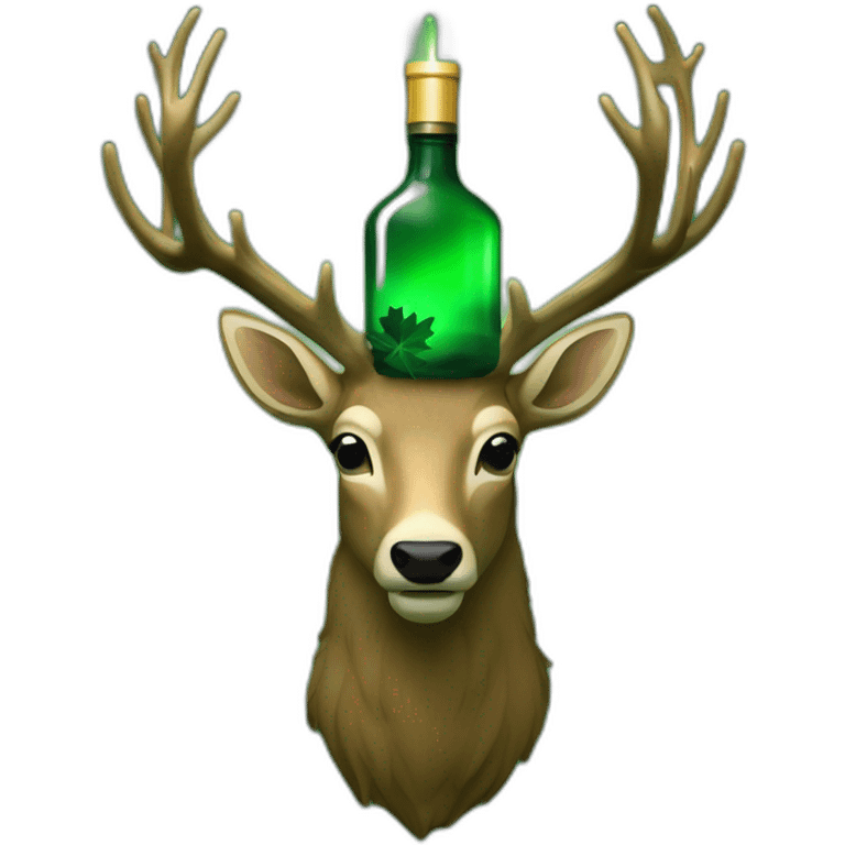 An emoji of a dark green bottle with a darker green label showcasing a glowing white cross above a regal stag's head with antlers, encircled by a wreath of oak leaves. emoji