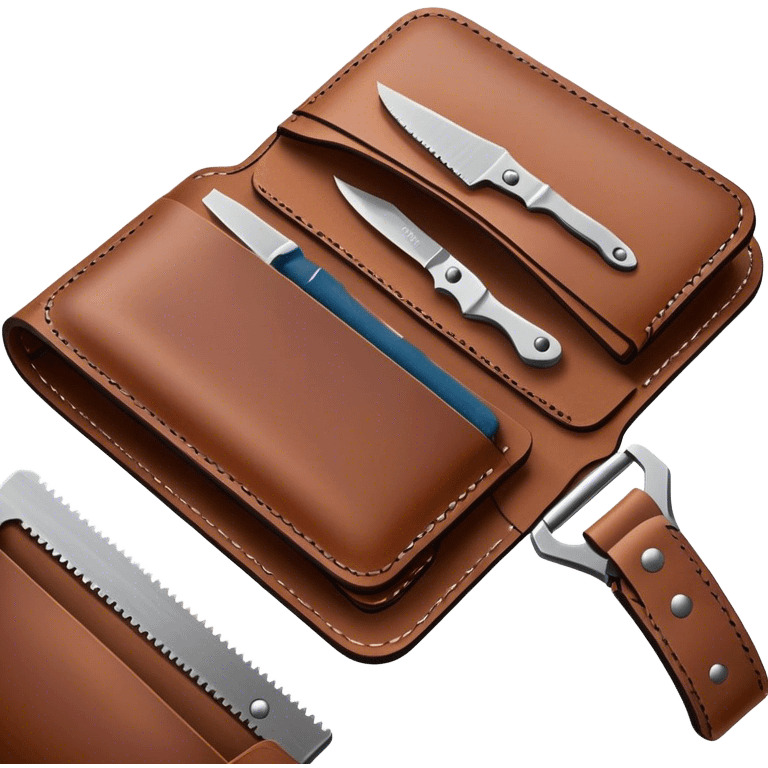 Leatherworking icon, piece of raw leather being crafted into a leather wallet or belt, professional tools like leather stitching awl, edge beveler, hammer, prying tool, minimalistic style, clean lines, transparent background. emoji