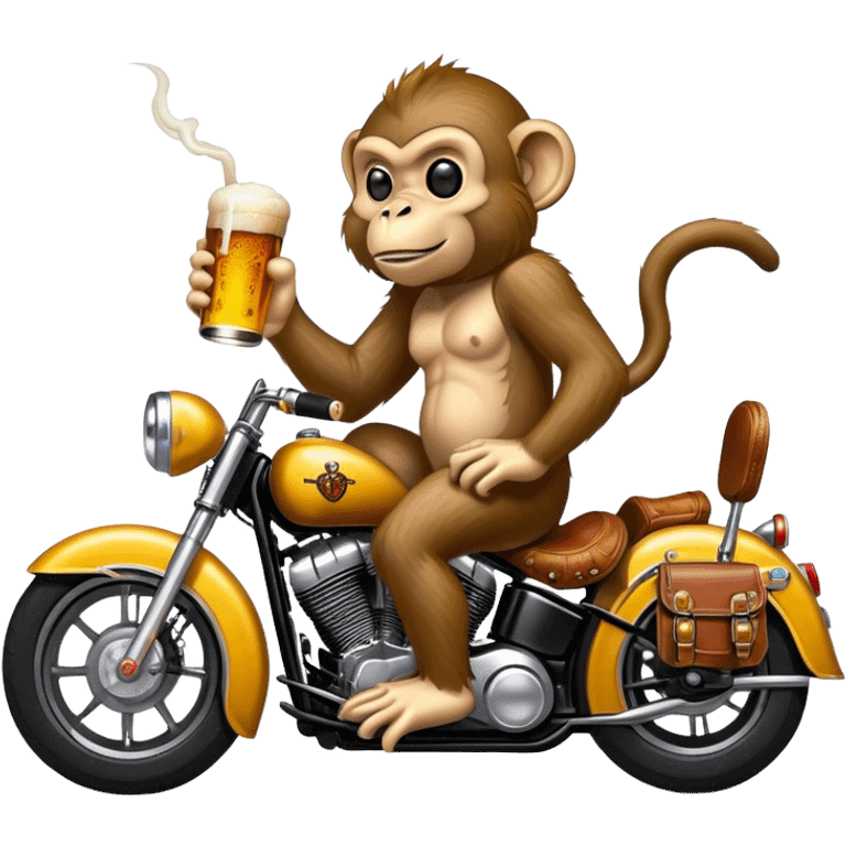 Monkey riding a Harley with a beer and a joint emoji