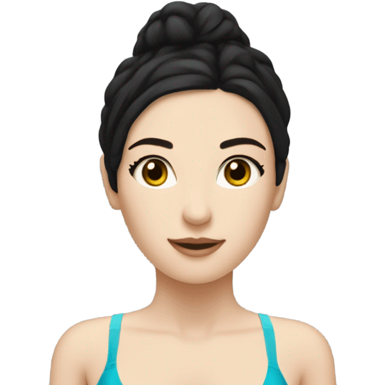 A beautiful vivacious, very full-bodied swim swimsuit, model with black hair and pale skin ￼ emoji