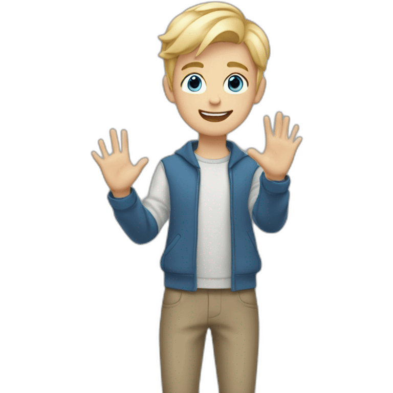 Blonde teen boy with medium short hair, blue eyes, waving hi to the camera emoji