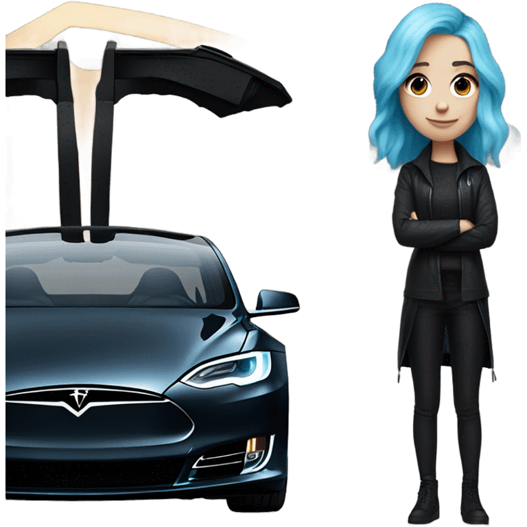 white skin girl with blue hair in black clothes standing next to tesla car emoji