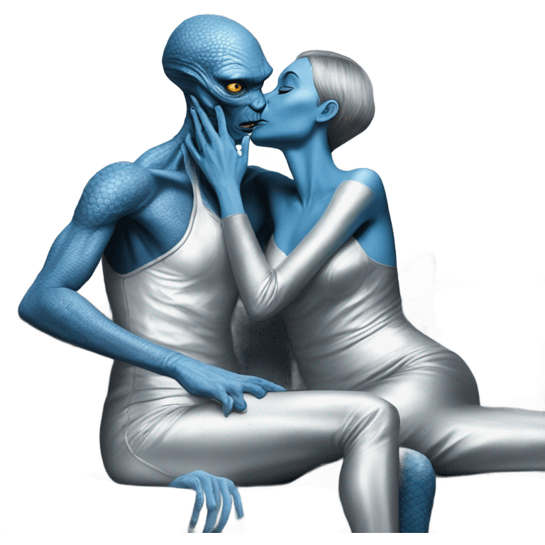 A reptilian alien woman in silver dress kissing human man in blue dress, on sofa emoji