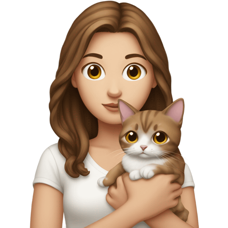 White girl with brown hair Holding a very tiny cat emoji