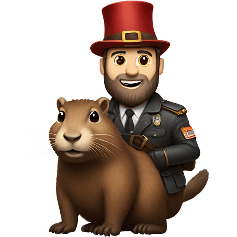 Confident armored White Man with dark brown hair and a short beard riding on the back of a giant groundhog wearing a birthday hat emoji