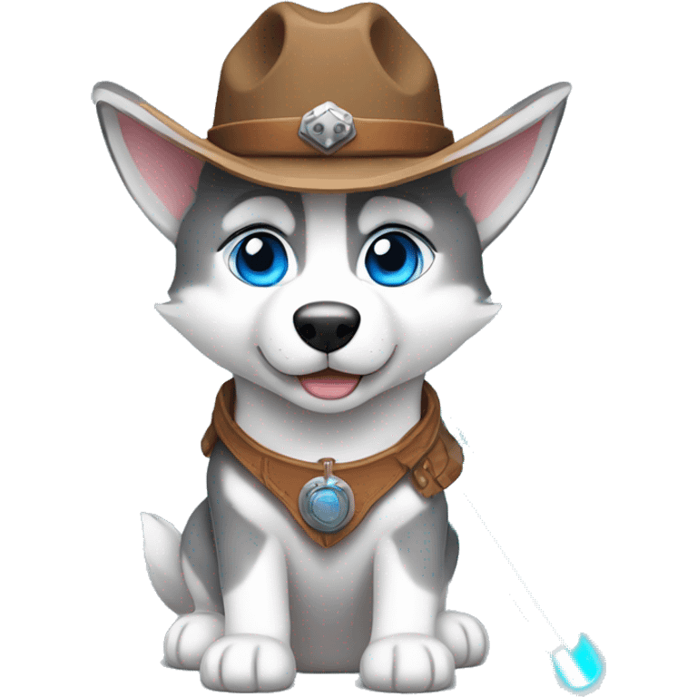 Gray Siberian Husky with blue eyes puppy wearing a cowboy hat dressed in Jedi clothing Holding a Lightsaber with the Paw emoji