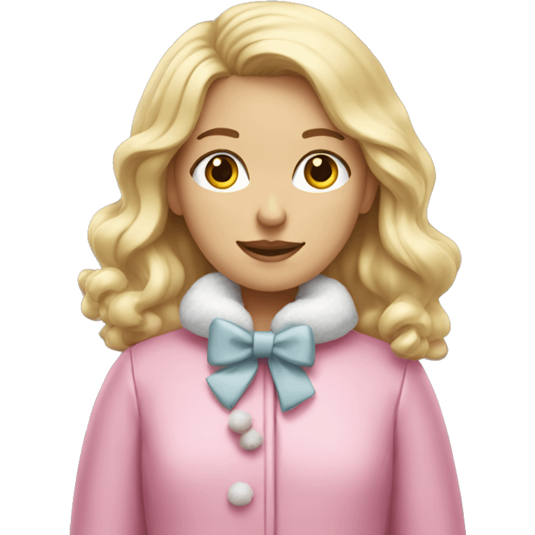 A blonde girl with a pink winter coat, white mittens, and a bow  emoji