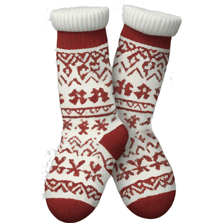 A pair of white cozy, patterned sock with a Nordic design emoji