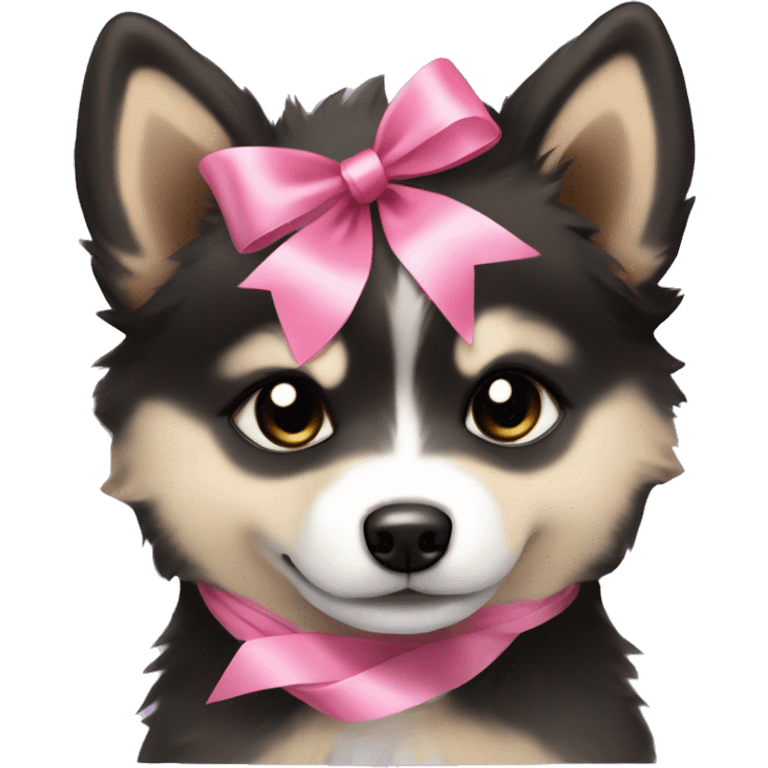 One black and beige pomsky puppy with a pink ribbon in his head emoji