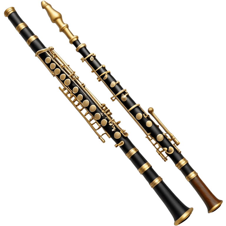 Create a detailed and elegant emoji depicting an oboe. The design should include a thin cylindrical black oboe body with intricate keys visible along its entire length. A small cane, typical for this instrument, should be visible in the upper part. Use rich wood tones with silver or brass inserts on the keys to emphasize the high quality of oboe performance. Add subtle musical notes surrounding the instrument to emphasize its expressive, melodic sound. The background should be transparent. emoji