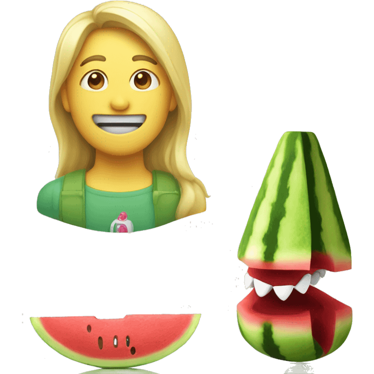 A light colored multipu and a watermelon toy in the teeth emoji