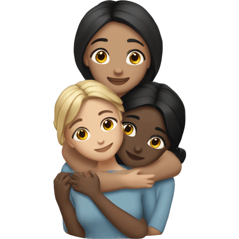 Three friends girl friends !  hugging each other warmly. One friend has fair skin and straight black hair, another has dark skin with black hair styled in a low bun, and the third has tan skin with wavy black hair.” emoji