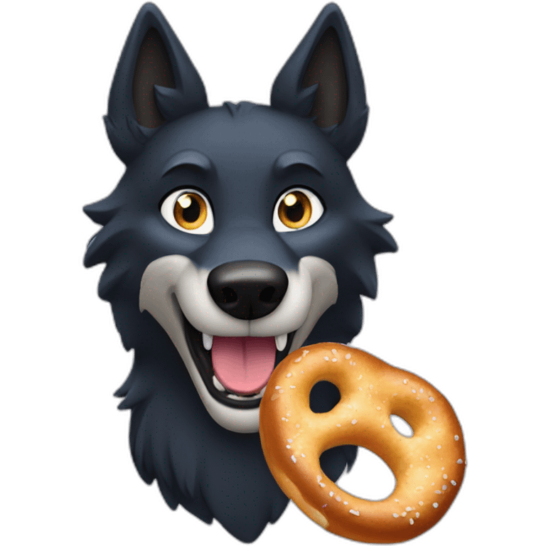 black wolf with blue eyes eats a bretzel emoji